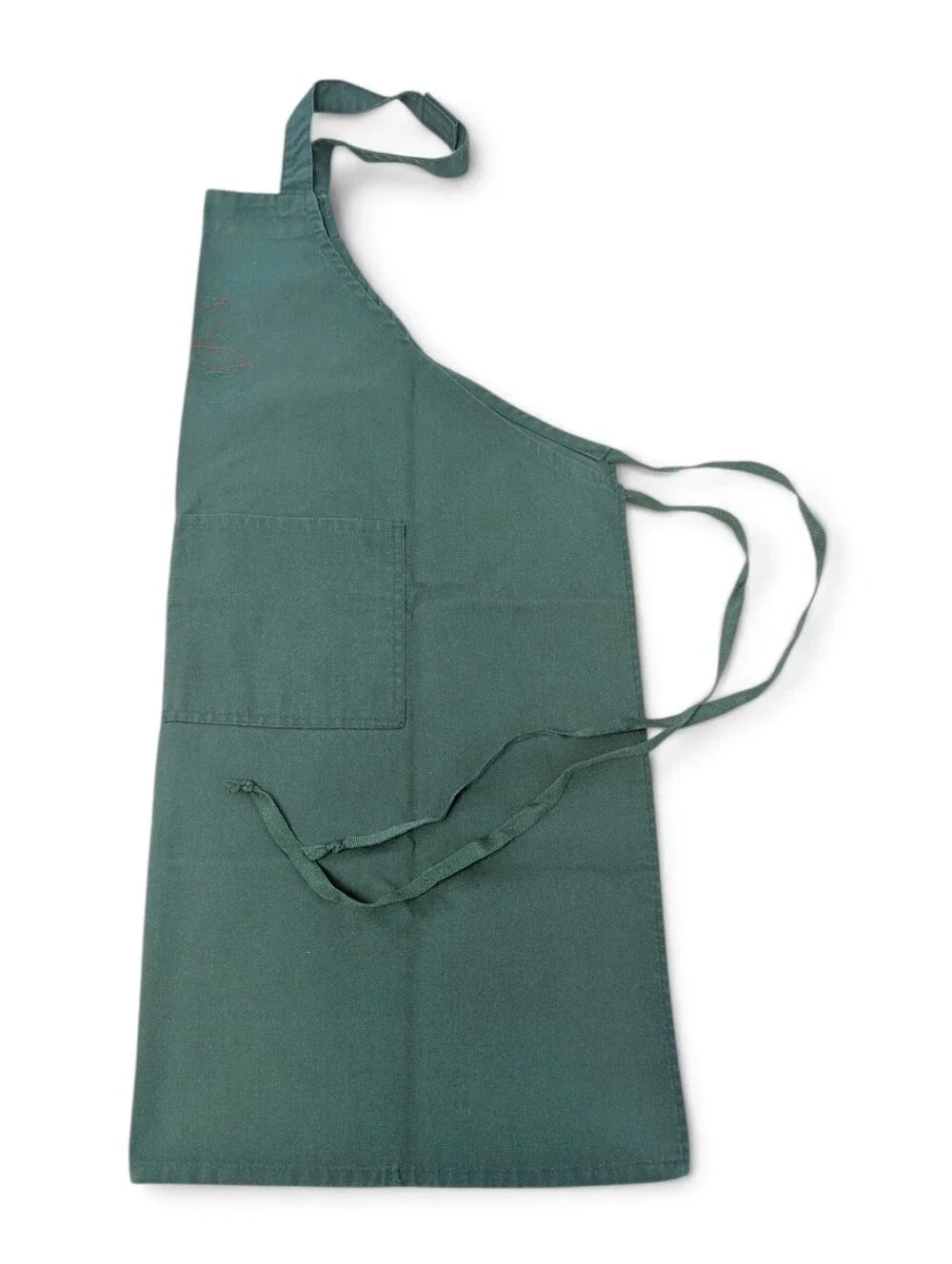 VINTAGE 1970 Christmas Apron Tie-Waist Cotton Forest Green Embroidered Poinsetta